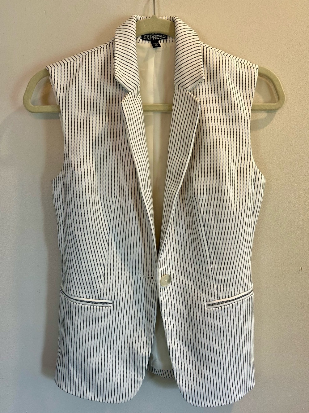 Express Sleeveless Pinstripe Blazer in White and Blue